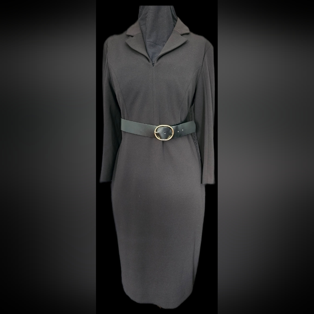 Calvin Klein Black Belted Dress with Gold Buttons On Cuff